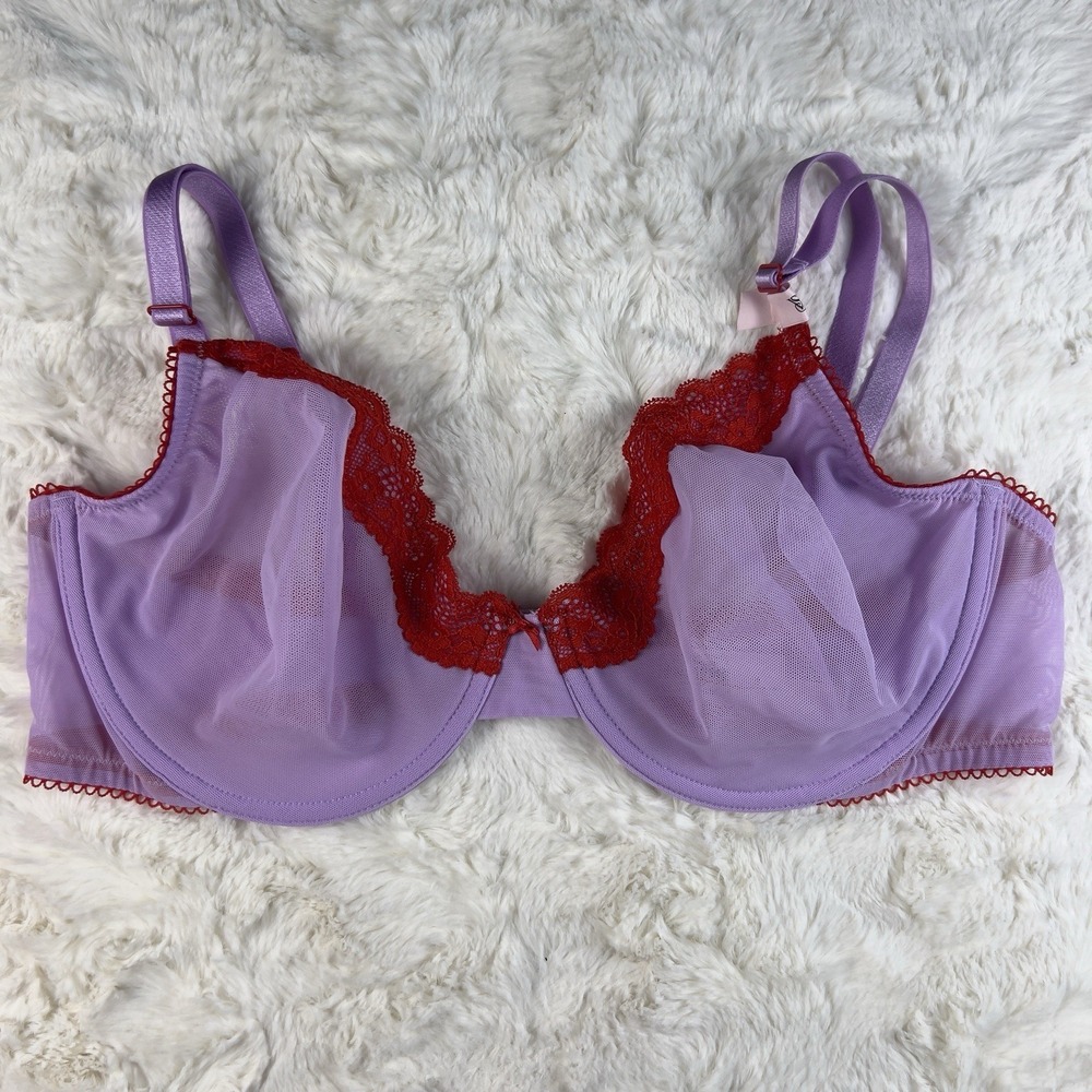 Victoria's Secret Tease Unlined Demi Bra Purple Sheer Mesh Red Lace S. 38DD NWT